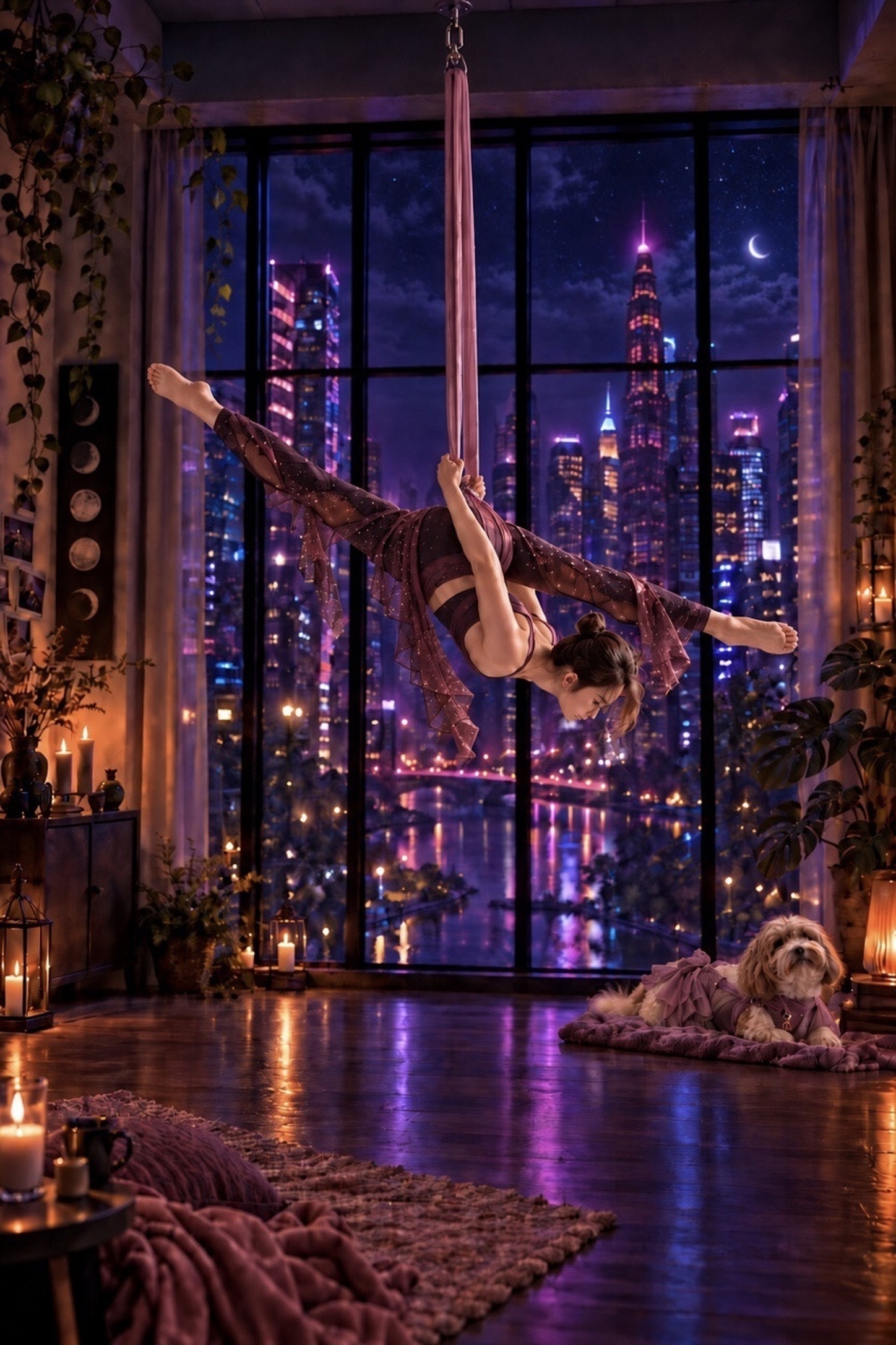 JC in a single-point aerial sling inside a moonlit window