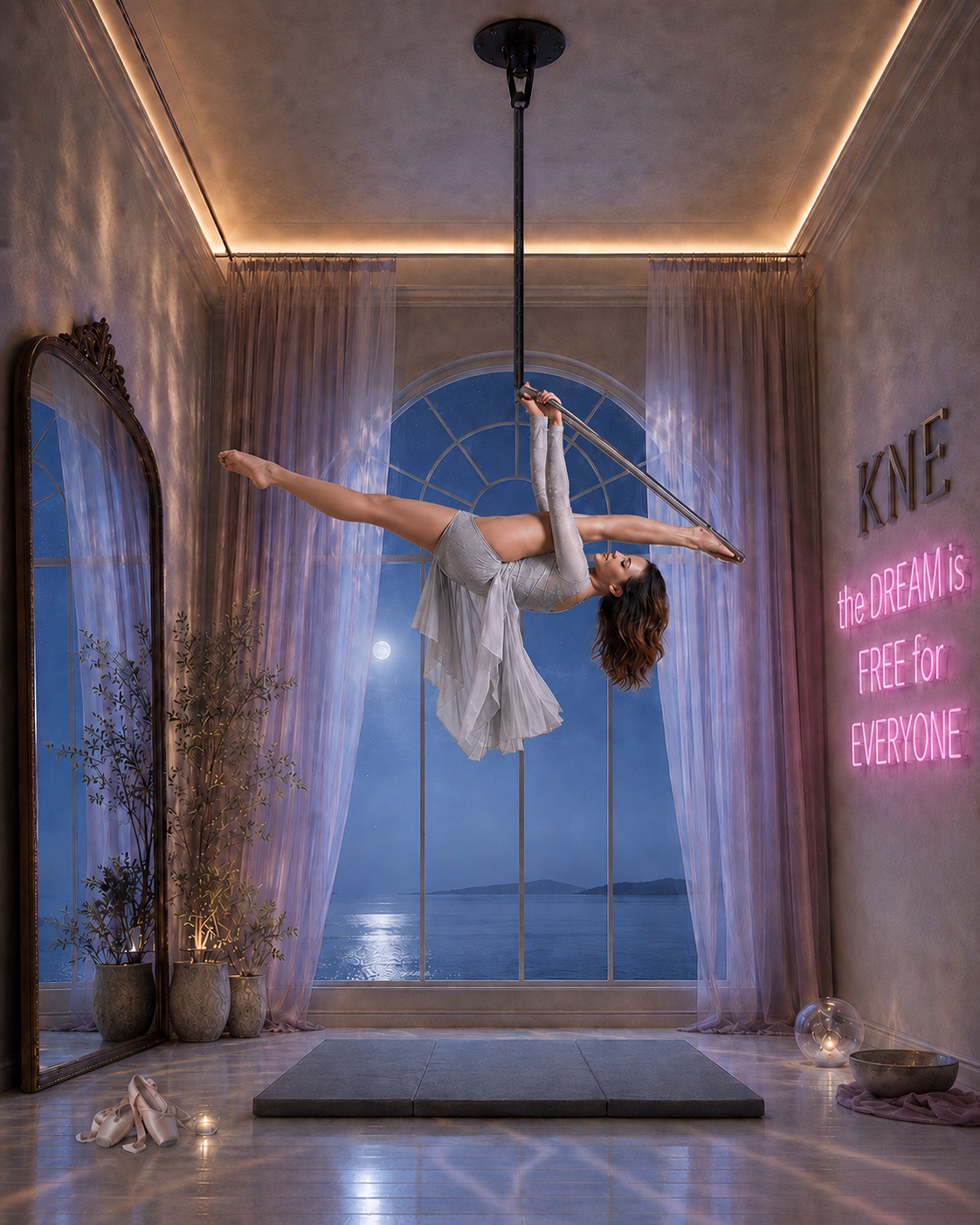 Karmen holding an extended aerial hoop pose in her moonwater ballet studio window