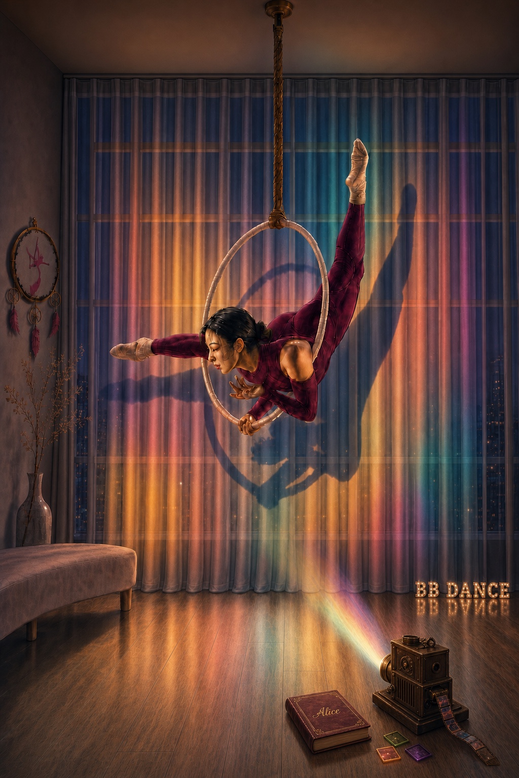 Bibi, known as Alice, telling a story through aerial hoop in her rainbow-lit window