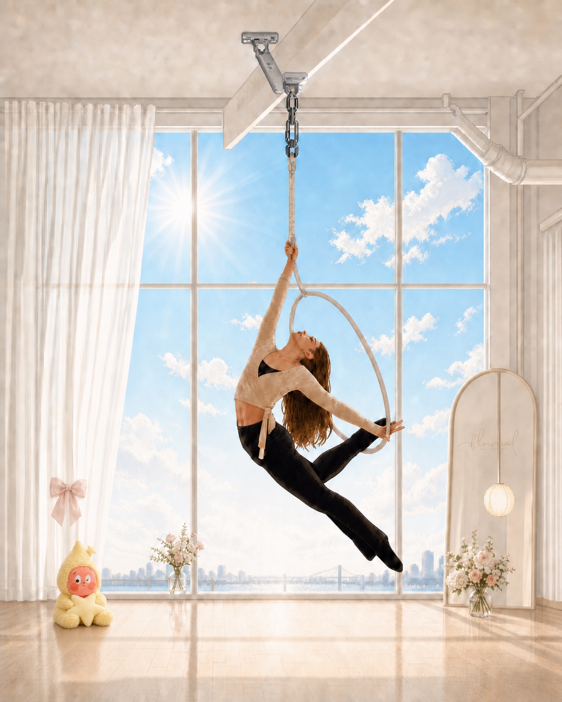 Chloe flowing through an aerial hoop window