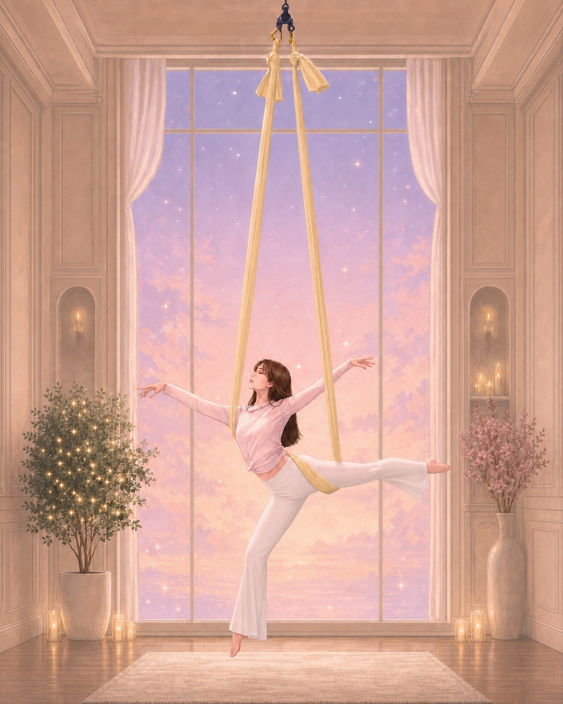 Jess suspended in a creamy aerial sling window