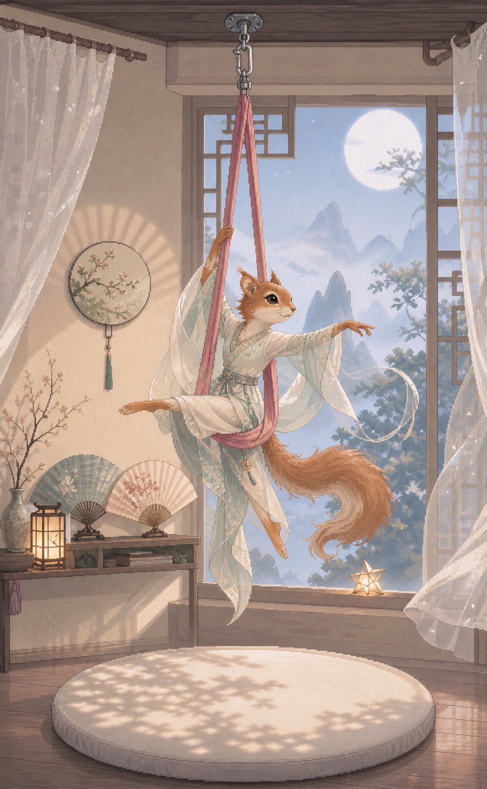 Miss Squirrel dancing in a moonlit, Chinese-inspired aerial sling window