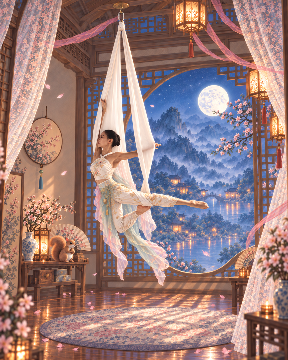 Miss Squirrel dancing in a moonlit, Chinese-inspired aerial sling window