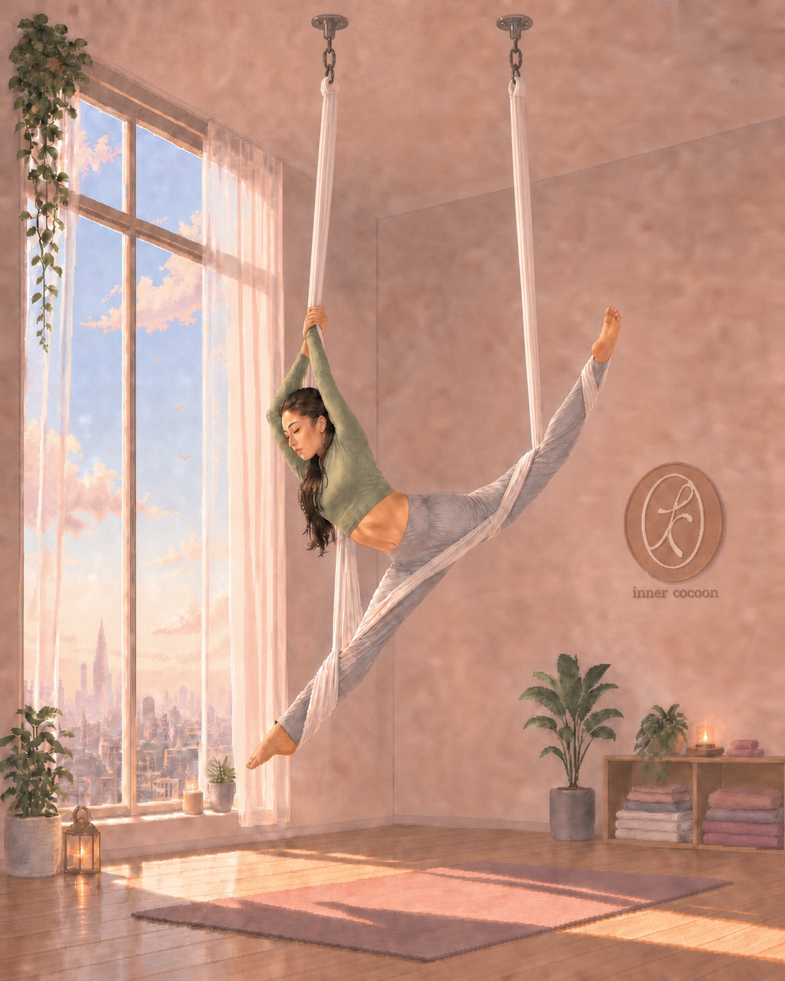 Priscilla in a sunlit aerial hammock window