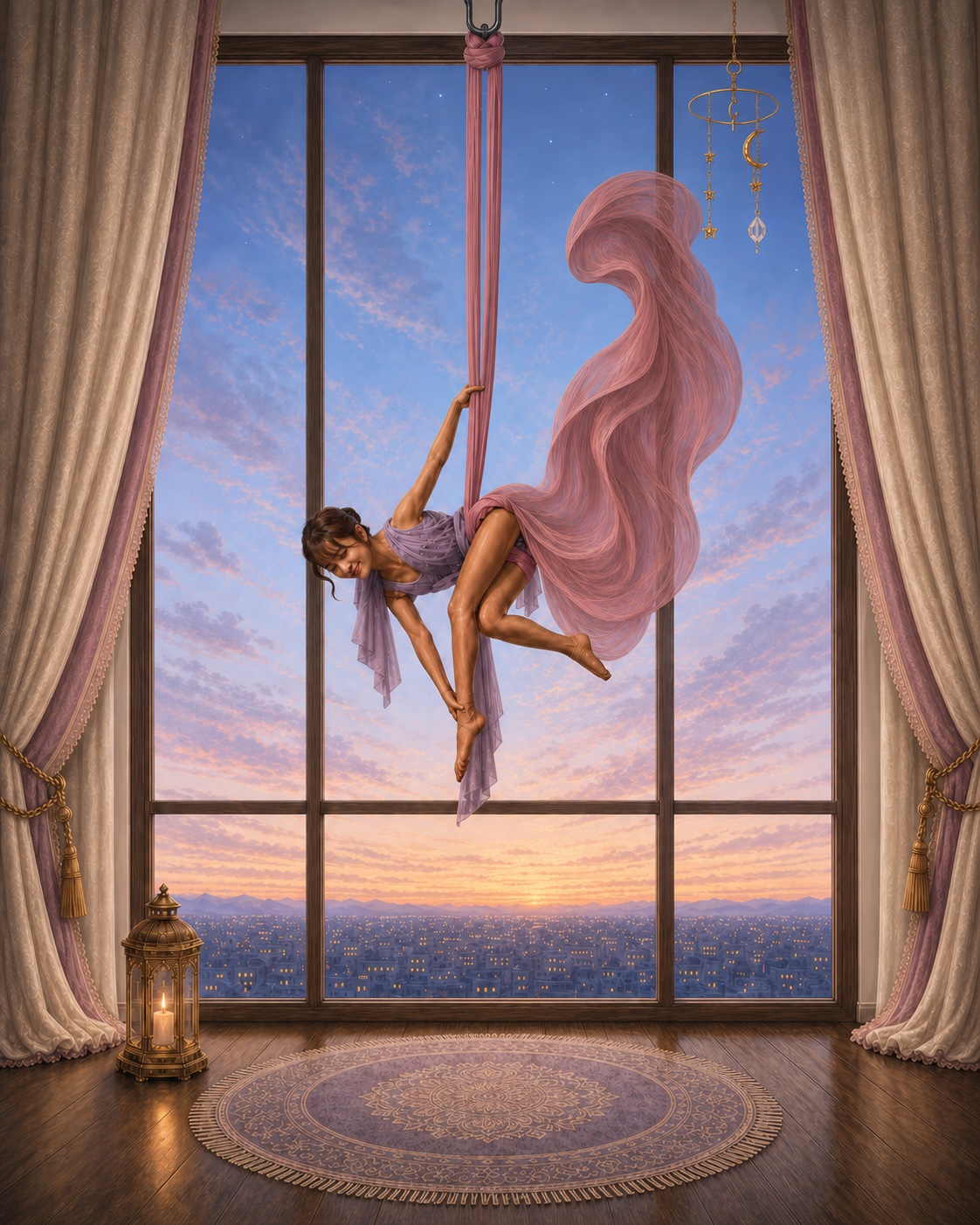 Yoke Kean performing aerial silks in her storybook window